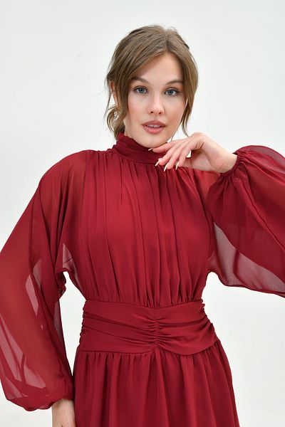 WOMAN VISION Rochie din șifon burgundă - căptușită, decoltată la spate, guler și mâneci cu baloane 066
