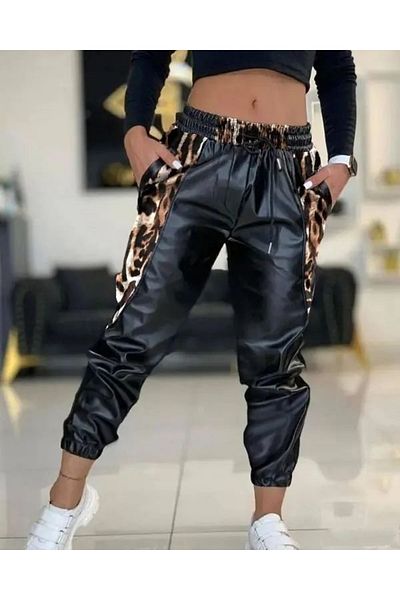 Modayakamoz Women's Waist and Leg Elastic Detail Leopard Detail Laced Leather Trousers
