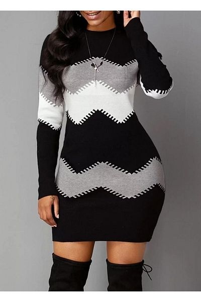 MRA Fashion Women's Long Sleeve Zigzag Pattern Knitwear Dress