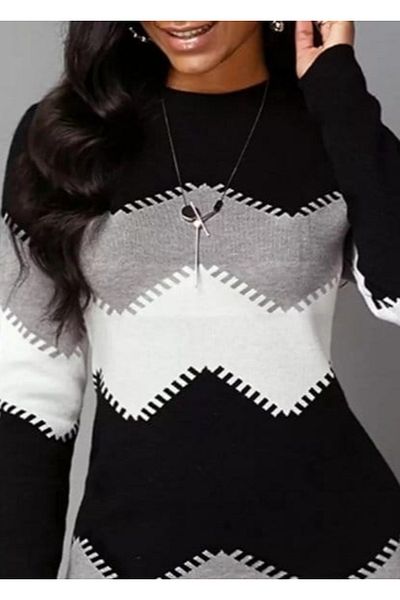 MRA Fashion Women's Long Sleeve Zigzag Pattern Knitwear Dress
