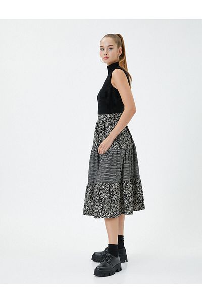 Koton Floral Maxi Skirt High Waist Elastic Waist Layered Comfortable Cut