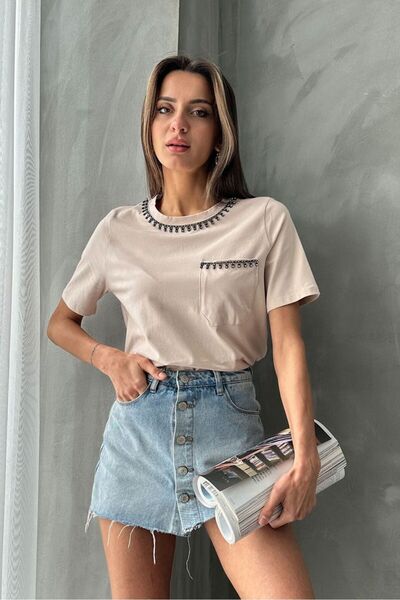 Caddebostan Moda Tricou de damă din bumbac pieptănat, cu mânecă scurtă, cu gu...