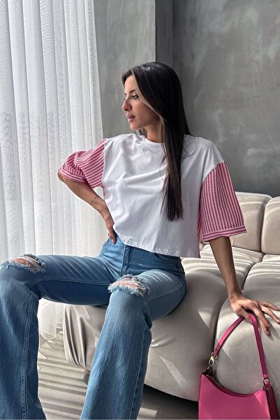 Caddebostan Moda Women's Striped Poplin Sleeve Oversize Crew Neck Cotton T-Shirt