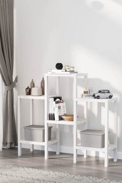 Omaş Household Product Ombeg Vesken Dekoratif 6 Bölmeli Plastik Çok Amaçlı Banyo Düzenleyici Saksılık Kitaplık Beyaz