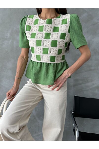 Caddebostan Moda Women's Lace Detailed Square Patterned Peplum Blouse