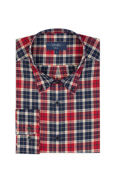 Germirli Red Navy Plaid Flannel Tailor Fit Cotton Lumberjack Shirt - Buttoned Collar