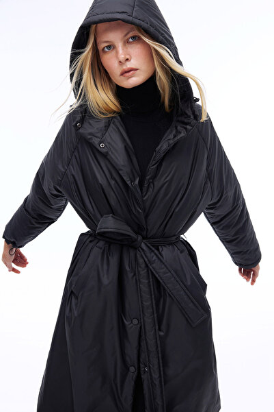 Perspective Awans Comfortable Fit Below Knee Raglan Sleeve Hooded Black Coat