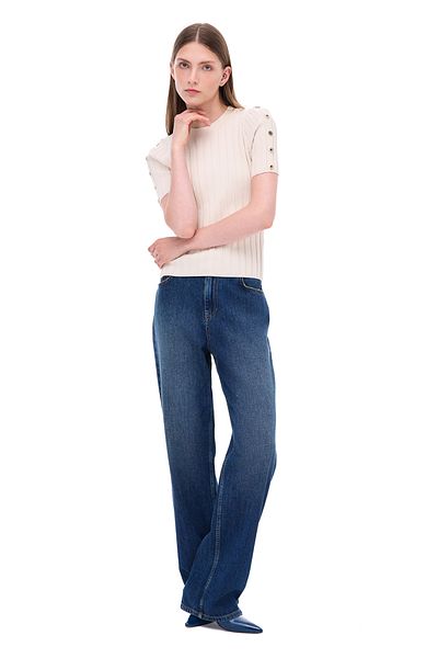 Perspective Πλεκτά Slim Fit Standard μήκους Ψεύτικο μανίκι Crew λαιμόκοψη Μπεζ μπλούζα