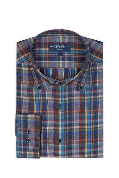 Germirli Multicolor Plaid Thomas Mason Flannel Button Collar Tailor Fit Wool Shirt