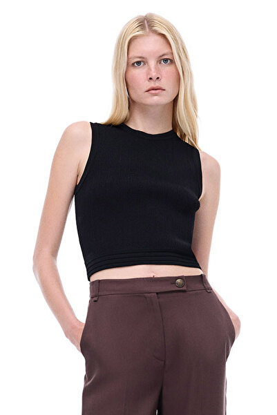 Perspective Triko Slim Fit Crop Boy Sıfır Kol Bisiklet Yaka Siyah Bluz