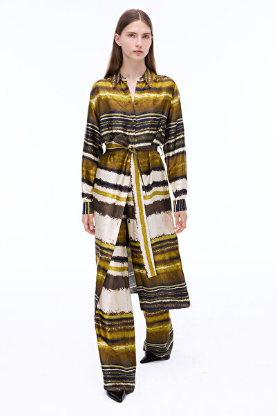 Perspective Retro Rahat Kalıp Midi Boy Takma Kol Gömlek Yaka Çok Renkli Elbise