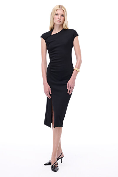 Perspective Carmins Slim Fit Mini Length Plug Sleeve Asymmetrical Neckline Black Dress