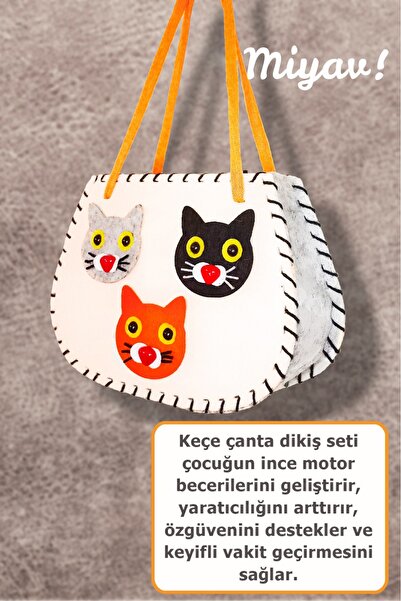 Kabajur Keçe Dikiş Seti , Kedili Keçe Çanta, Kendin Yap Çocuk Çantası