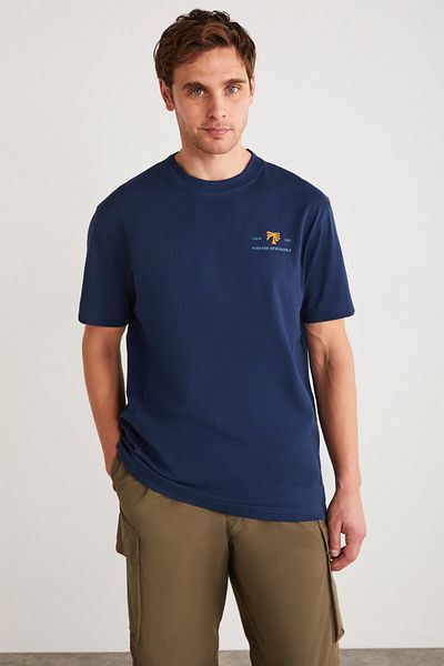 GRIMELANGE Tricou pentru bărbați, 100% bumbac, cu mânecă scurtă, bleumarin, cu broderie și imprimeu