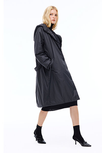 Perspective Awans Comfortable Fit Below Knee Raglan Sleeve Hooded Black Coat