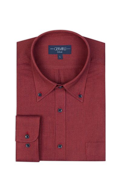 Germirli Burgundy Herringbone Pattern Albini Cotton Lyocell Tailor Fit Flannel Shirt