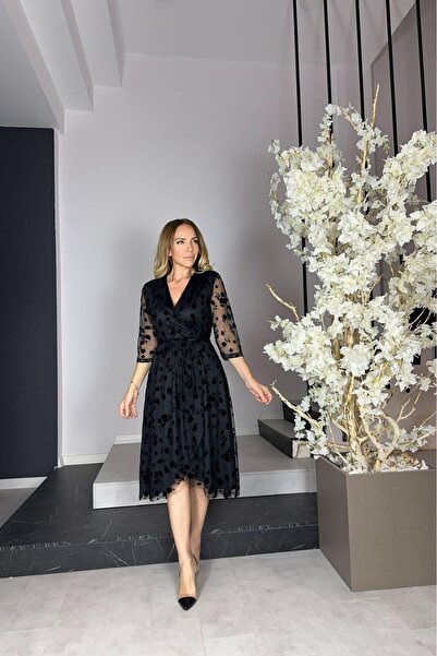 gesmoda G1184 Flok Baskılı Anvelop Elbise Siyah