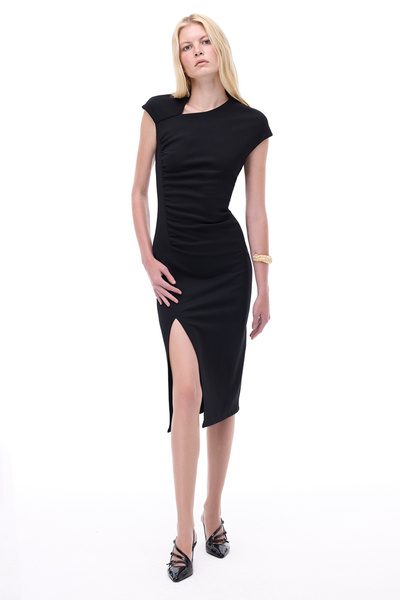 Perspective Carmins Slim Fit Mini Length Plug Sleeve Asymmetrical Neckline Black Dress