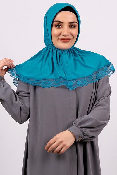 HÜRREM BONE Μπλε Πρακτικό έτοιμο μαντήλι Hijab με κουμπωτά ύφασμα βισκόζης με κουμπωτά δαντέλα 2105_34