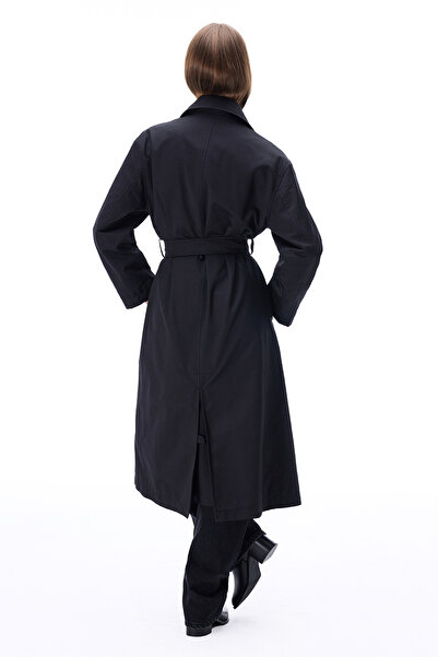 Perspective Capellas Regular Fit Uzun Boy Düşük Kollu Erkek Yaka Siyah Trençkot