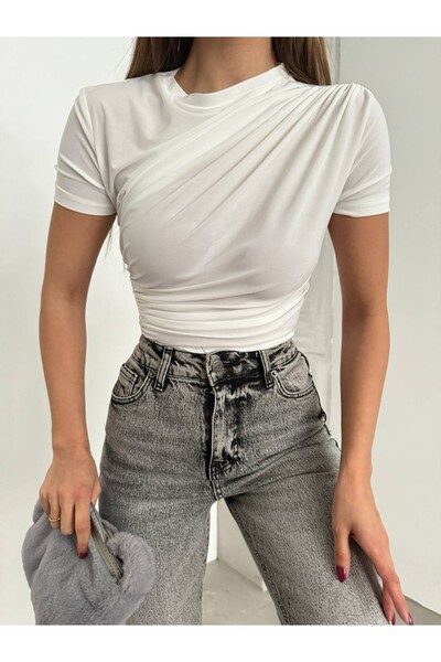 Modamorfo Cross Drawstring Short Sleeve Sandy Blouse -White