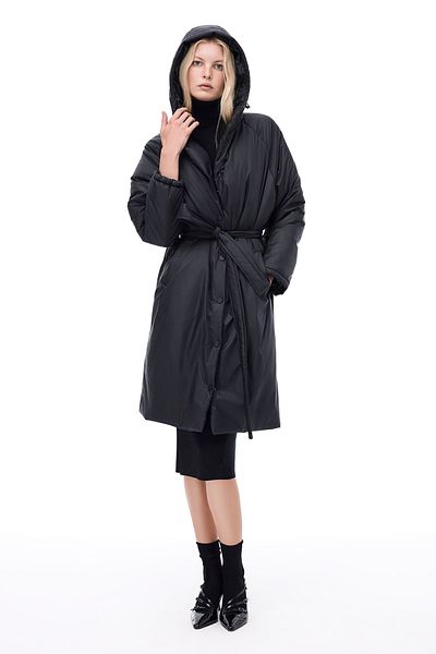 Perspective Awans Comfortable Fit Below Knee Raglan Sleeve Hooded Black Coat