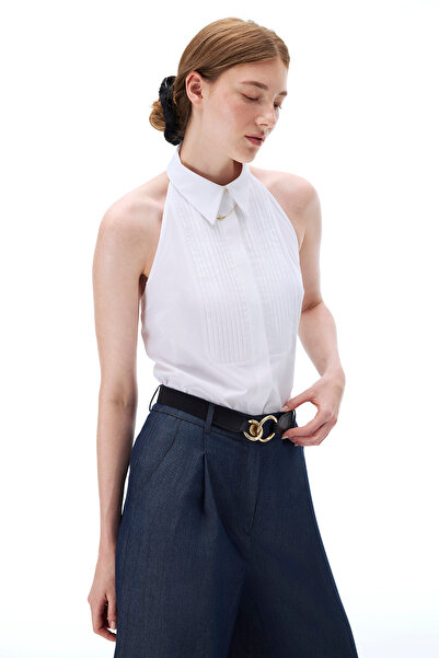 Perspective Amelias Slim Fit Standard Size Zero Sleeve Shirt Collar White Shirt