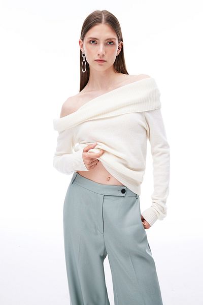 Perspective Knitwear Comfortable Fit Standard Size Raglan Sleeve Boat Neck Ecru Blouse