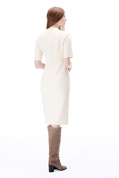 Perspective Morningstar Slim Fit Below Knee Plug Sleeve V-Neck Light Beige Dress