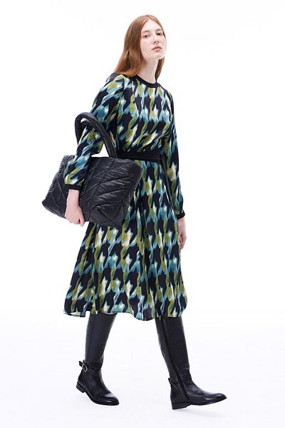 Perspective Bladders Comfortable Fit Above Knee Fitted Sleeve Crew Neck Multicolor Dress