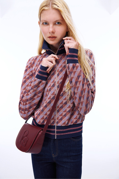 Perspective Alcors Slim Fit Geometrik Desen Standart Boy Takma Kol Yarım Dik Yaka Bordo Mont