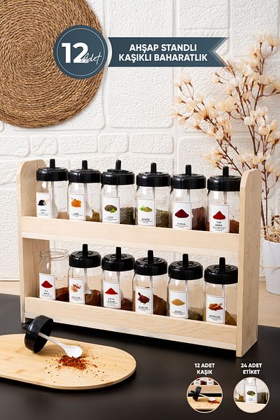 çarşıdayız 12-Piece Glass Spice Rack Set with Wooden Stand and Spoon - 330 Cc Jar with 24 Tags Gift
