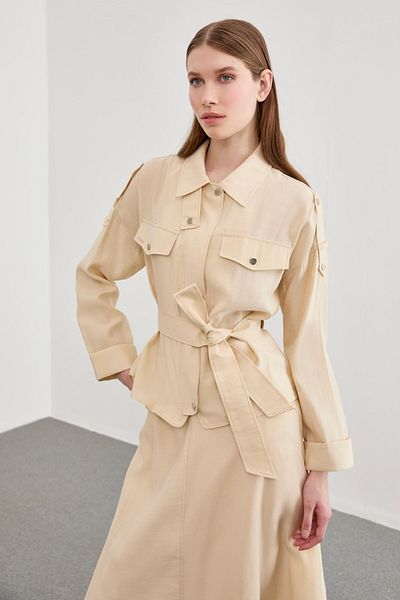 Zühre Pocket Detailed Skirt Shirt Beige Combination Set TK-1233