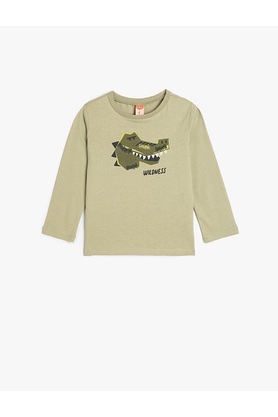 Koton Cotton Long Sleeve Crocodile Print Crew Neck T-Shirt