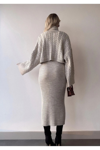 MATHICK FASHION STYLE Σετ φόρεμα με ψηλό πλεκτό μοτίβο Crop πουλόβερ και πλεκτά