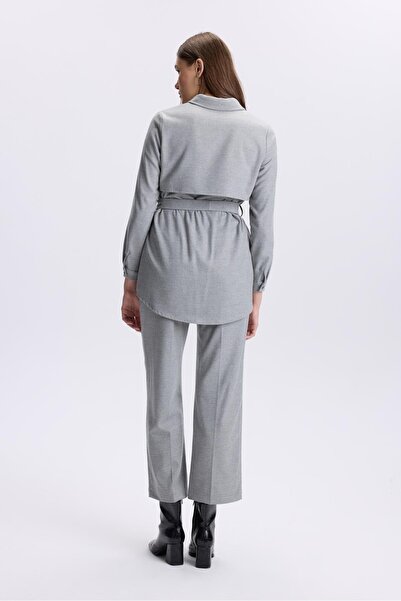 Zühre Button Detailed Waist Tie Gray Double Suit Tk-1359
