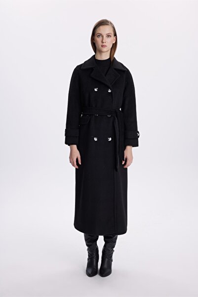 Zühre Çift Cepli Kuşaklı Siyah Kaşe Kaban 13659