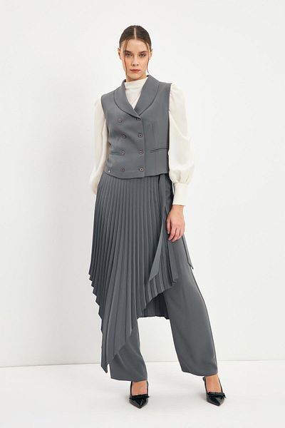 Zühre Anthracite Pleated Asymmetrical Vest Set - Tk-1372