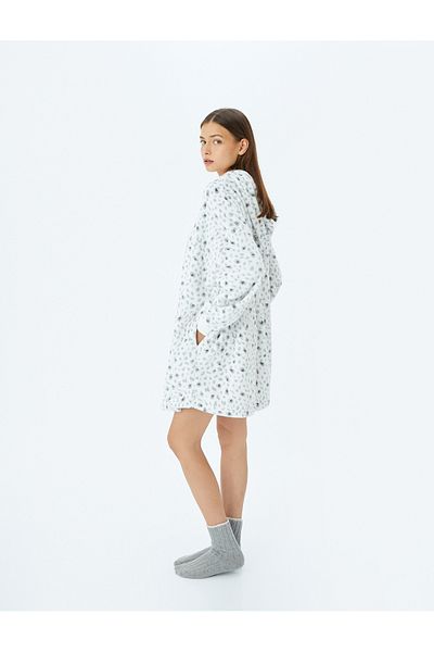 Koton Leopard Print Pocket Hooded Plush Dressing Gown