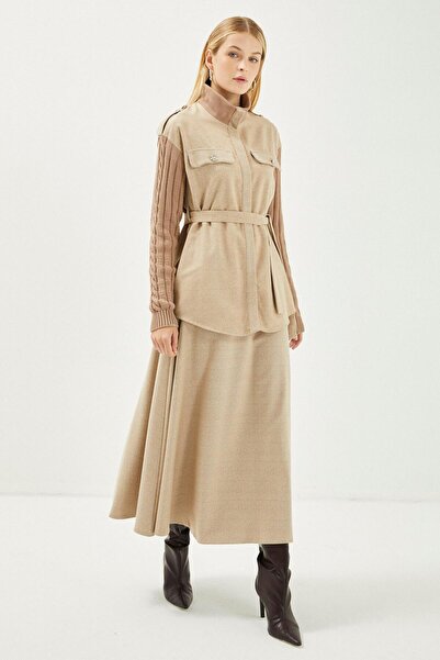 Zühre Dik Yaka Kol Detaylı Bej İkili Takım TK-1198