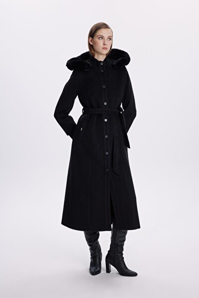 Zühre Hooded Fur Detailed Black Cashmere Coat 13652