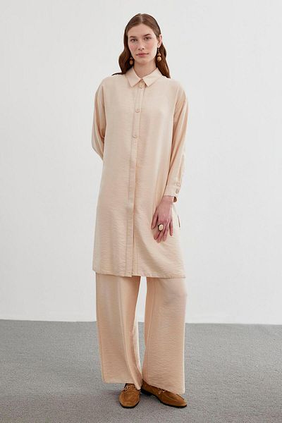 Zühre Shirt Collar Beige Long Double Combination Suit TK-1278