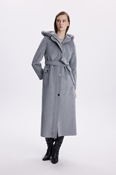 Zühre Gray Hooded Fur Detailed Coat 13645