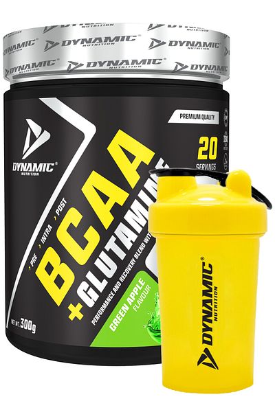Dynamic Nutrition Bcaa Glutamine بنكهة التفاح الأخضر 300 جرام - 20 هدية شاكر مع إضافة التورين والكافيين