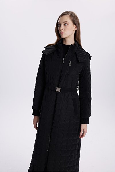 Zühre Καπιτονέ μαύρο παλτό με φερμουάρ με κουκούλα 13672