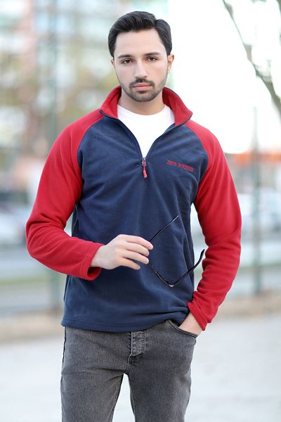 JB John Borners Men's Stand Collar Polar Navy Blue Red Garnished Half Zipper Embroidered - 6055