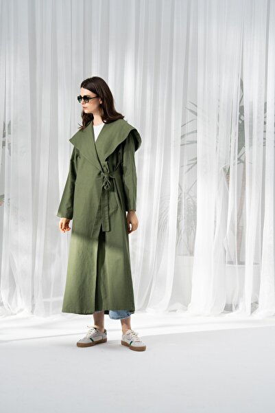 QANU Cotton Lace-Up Trench Coat Green Loose Fit