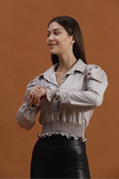 VERYMODA Faux Leather Evening Dress Blouse - Stone |   F1170