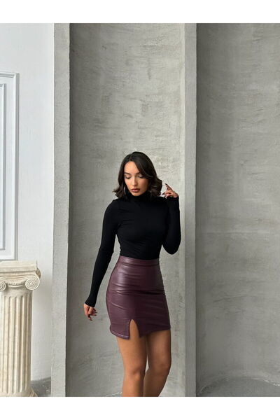 Generic Brand Fusta din piele de culoare burgundy, lungime peste genunchi, pentru comerț cu ridicata - Burgundy