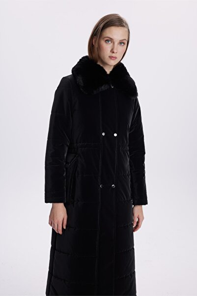 Zühre Μαύρο παλτό με γούνινο γιακά τσέπη 13699